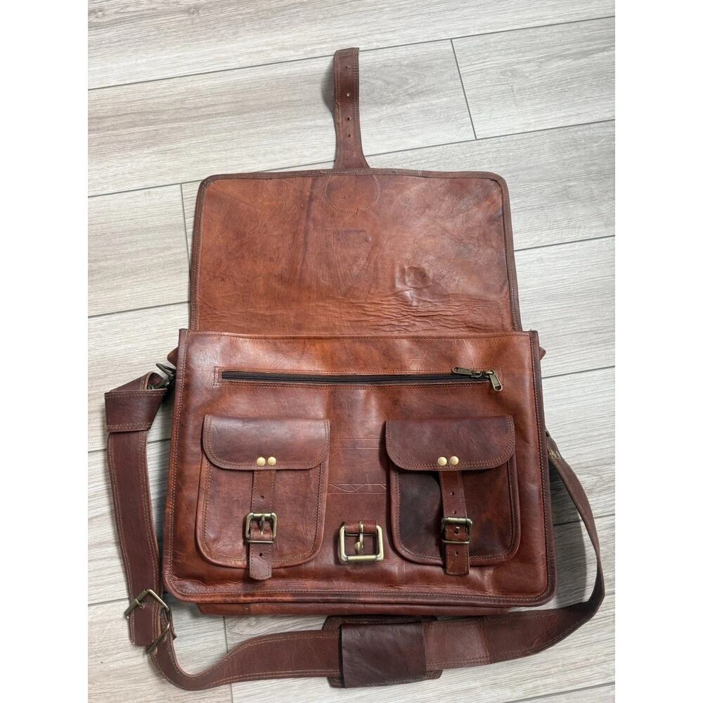 Men's Brown Messenger Bag Buckle Closure Crossbody Strap Lined Pockets - Picture 2 of 13
